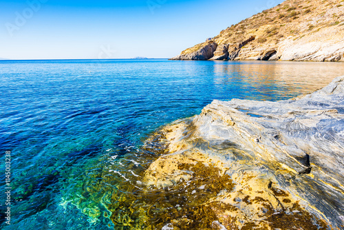 Obraz na płótnie View of Mouros bay and beach with crystal clear azure sea water, Amorgos island, Cyclades, Greece w salonie