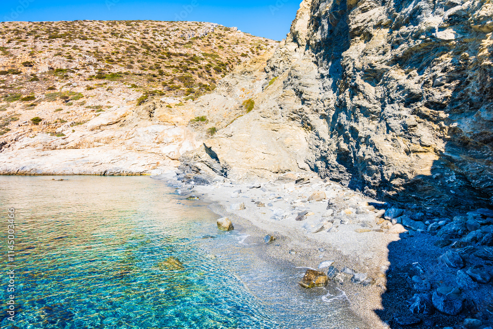 View of Mouros bay and beach with crystal clear azure sea water, Amorgos island, Cyclades, Greece