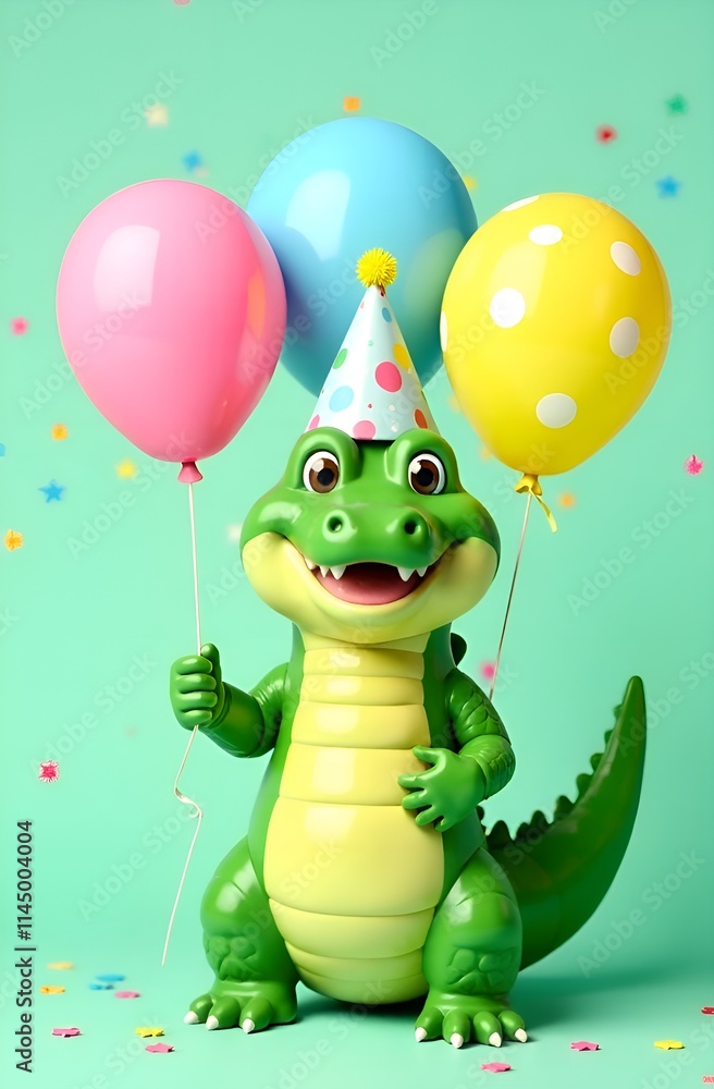 A happy crocodile in a party hat balances three colorful balloons