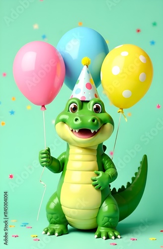 A happy crocodile in a party hat balances three colorful balloons