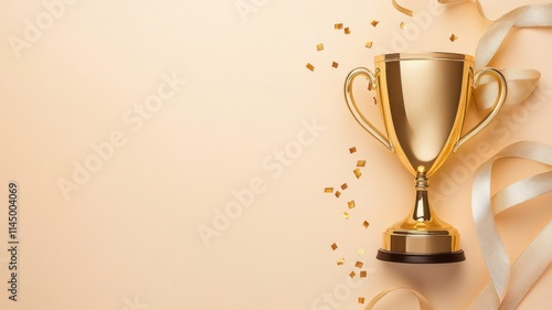 Golden trophy with confetti and ribbon background. photo