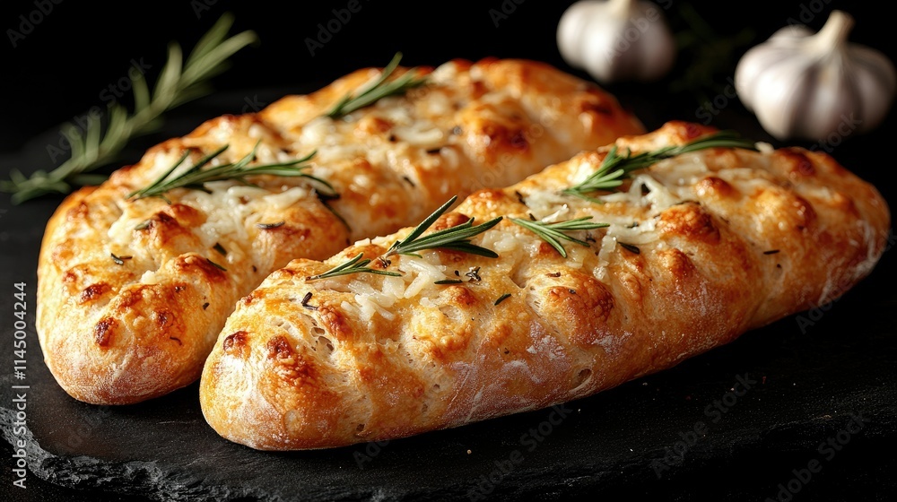 Two golden-brown rosemary garlic cheese bread loaves on dark slate. Two golden-brown rosemary garlic cheese bread loaves on dark slate.
