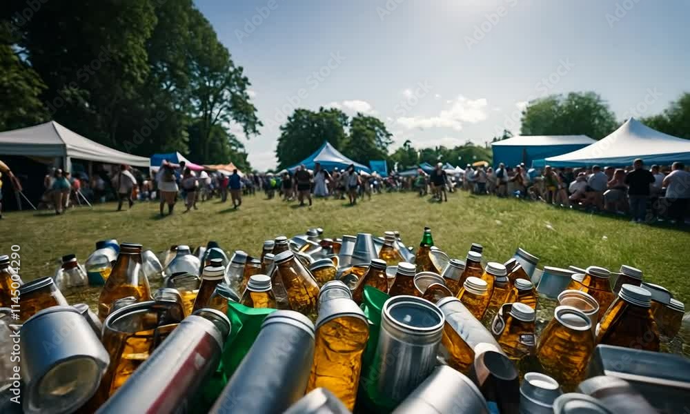 Trash at a music festival. Alcohol bottles. Glass recycling. Trash at a music festival. Alcohol bottles. Glass recycling.