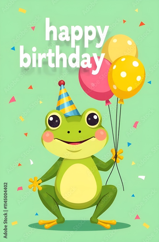A happy frog in a party hat balances three colorful balloons