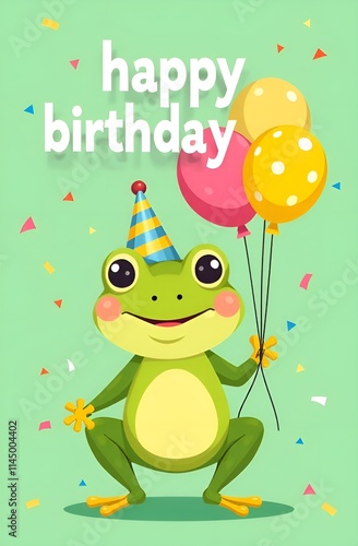 Obraz na płótnie A happy frog in a party hat balances three colorful balloons w salonie