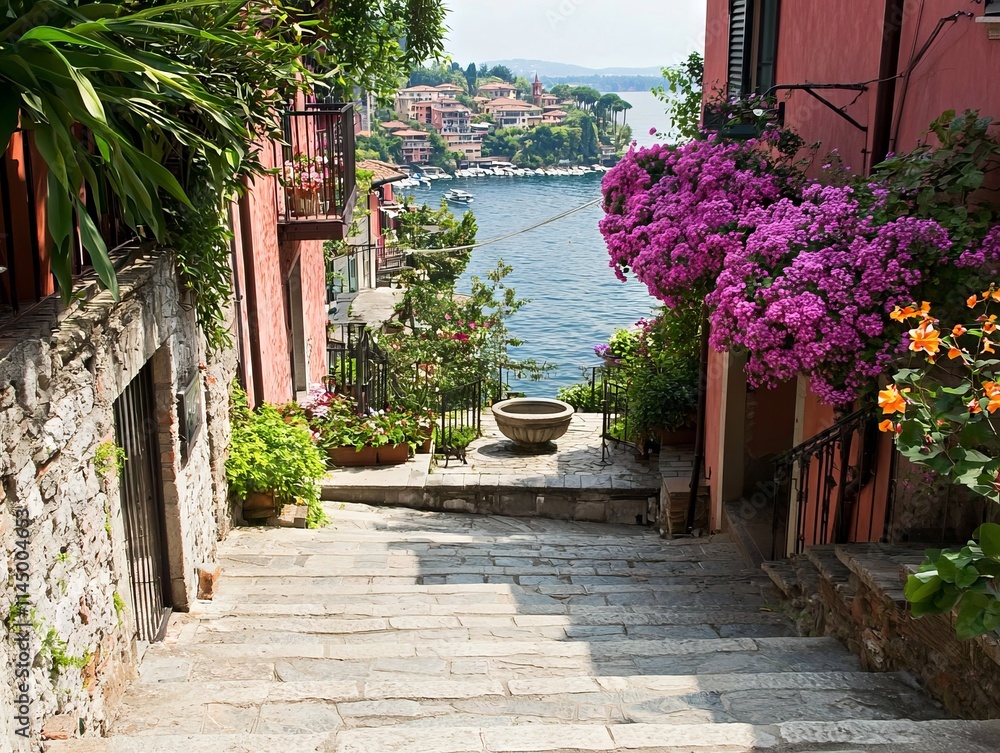 Fototapeta premium A picturesque stone staircase lined with vibrant flowers leading to a lake.