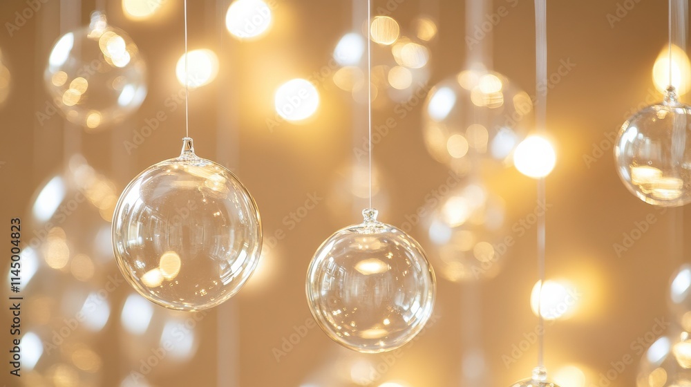 Elegant and Shimmering Glass Orbs Hanging Gracefully Against a Warm, Soft Bokeh Background for a Dreamy Seasonal Decoration Experience Elegant and Shimmering Glass Orbs Hanging Gracefully Against a Warm, Soft Bokeh Background for a Dreamy Seasonal Decoration Experience