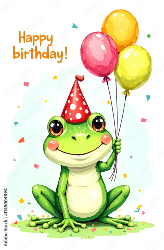 A happy frog in a party hat balances three colorful balloons