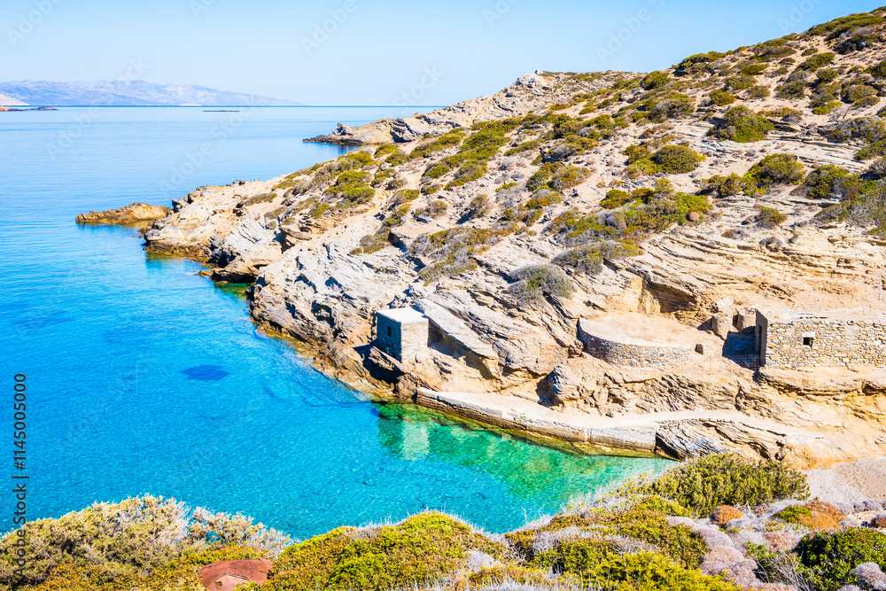 View of sandy Paradisia beach and sea coast, Amorgos island, Cyclades, Greece