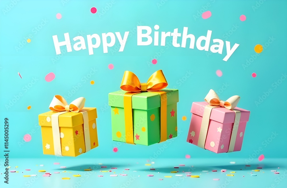 Three floating gift boxes with Happy Birthday above them