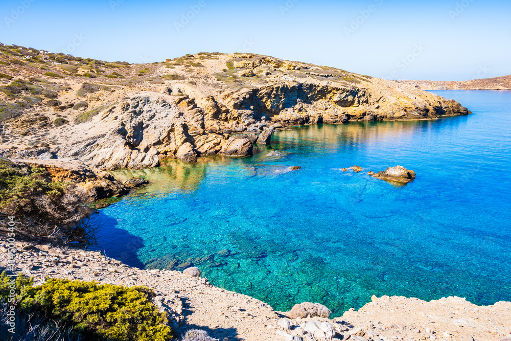 View of sandy Paradisia beach and sea coast, Amorgos island, Cyclades, Greece View of sandy Paradisia beach and sea coast, Amorgos island, Cyclades, Greece
