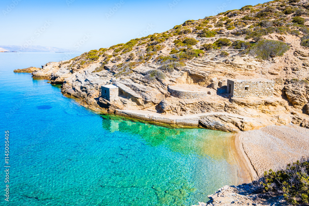 View of sandy Paradisia beach and sea coast, Amorgos island, Cyclades, Greece