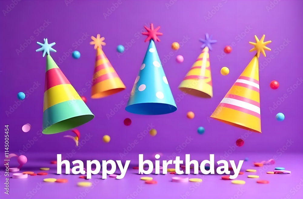 Birthday card with party hats and confetti on purple background