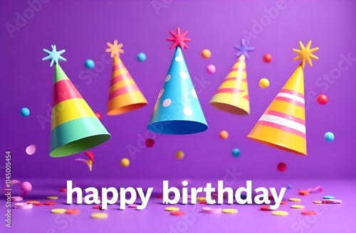 Birthday card with party hats and confetti on purple background