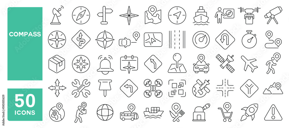 Set of 50 line icons related to compass, navigation, arrow, traffic, way, location, direction, pointer, route, destination, Editable stroke. Vector illustration Set of 50 line icons related to compass, navigation, arrow, traffic, way, location, direction, pointer, route, destination, Editable stroke. Vector illustration