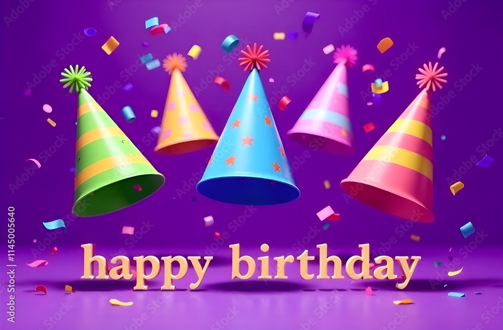 Birthday card with party hats and confetti on purple background