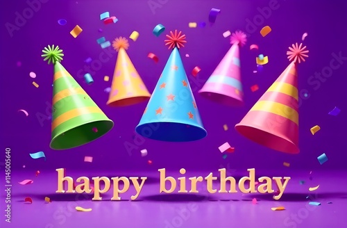 Birthday card with party hats and confetti on purple background