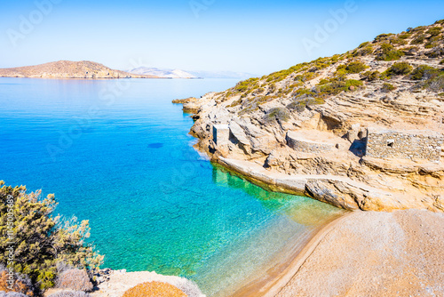 View of sandy Paradisia beach and sea coast, Amorgos island, Cyclades, Greece