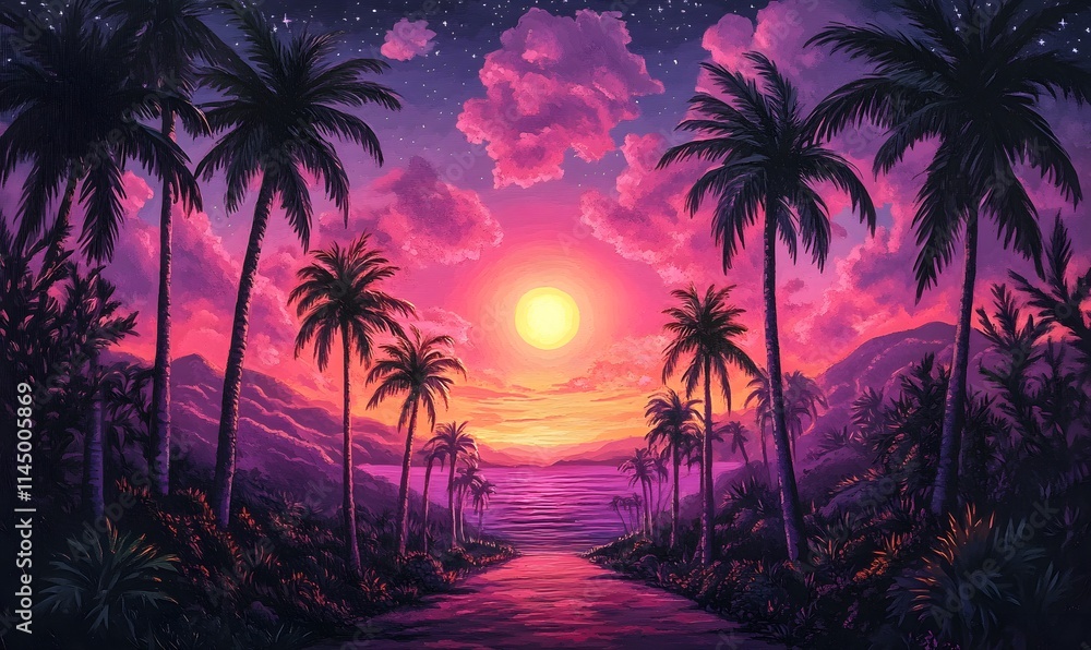Twilight Elegance,Palm Trees Framed by a Breathtaking Sunset of Pink and Purple Twilight Elegance,Palm Trees Framed by a Breathtaking Sunset of Pink and Purple