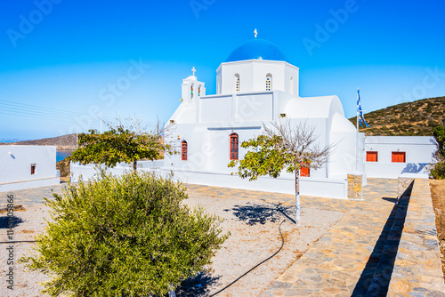 White typical Greek church of Agia Paraskevi, Amorgos island, Cyclades, Greece photo