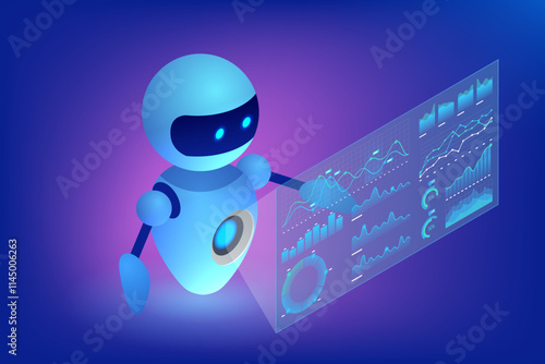 Isometric AI chatbot robot interacting with holographic data dashboards above a smartphone. Neon blue and purple gradients create a futuristic and tech-focused ambiance