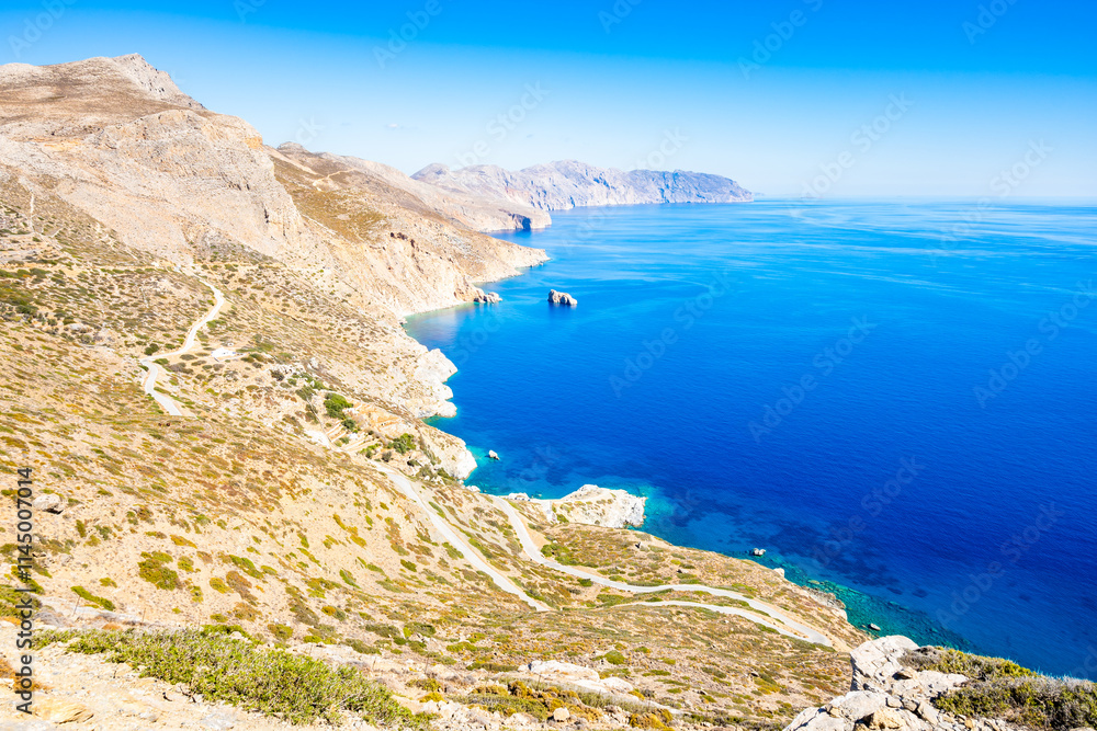 View of sea coast and mountains near Agia Anna beach, Amorgos island, Cyclades, Greece
