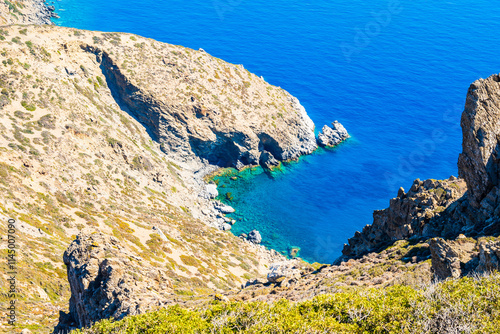 Obraz na płótnie View of sea bay with beach and high cliffs, Amorgos island, Cyclades, Greece w salonie