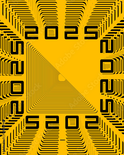 A striking yellow and black poster showcasing the year "2025" in large, eye-catching letters