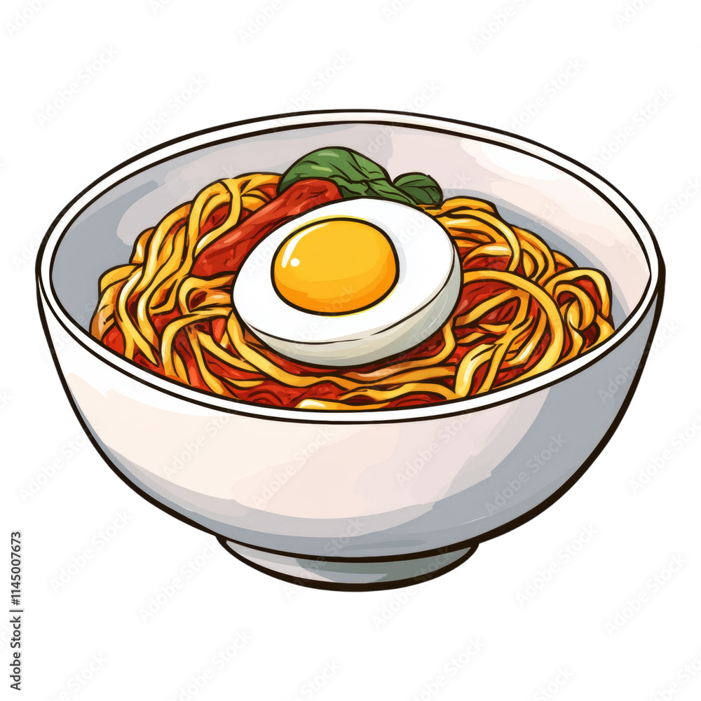 Delicious bowl of noodles with egg and sauce kitchen food photography bright colors top-down view culinary art Delicious bowl of noodles with egg and sauce kitchen food photography bright colors top-down view culinary art