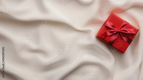 Wallpaper Mural A small red gift box with a bow rests on a smooth, cream-colored fabric, creating an elegant and festive atmosphere. Torontodigital.ca