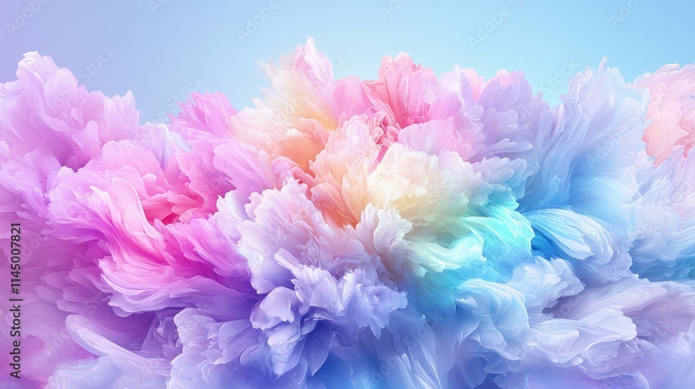Fototapeta premium Abstract 3D rendering of swirling pastel colored clouds resembling soft ruffled flower petals against a blue gradient background.