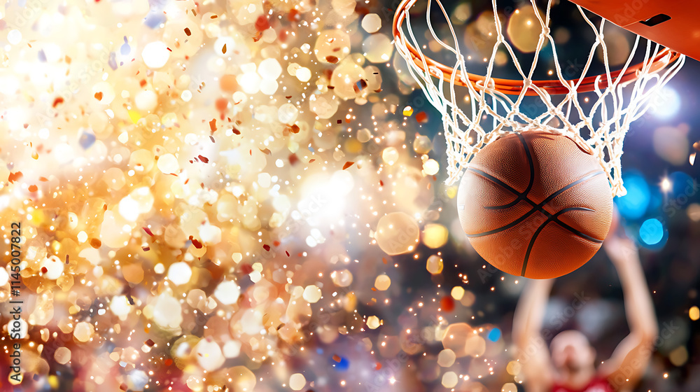 basketball player makes slam dunk amidst vibrant confetti and lights basketball player makes slam dunk amidst vibrant confetti and lights