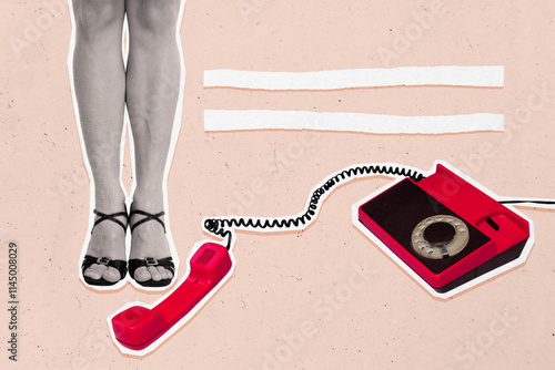 Banner art 3d creative image collage of anonym girl legs wear heels stand retro telephone device handset telemarketing operator photo