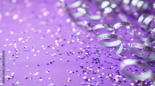 Lavender and silver streamers on a festive purple backdrop for a party with copy space. Generative Ai