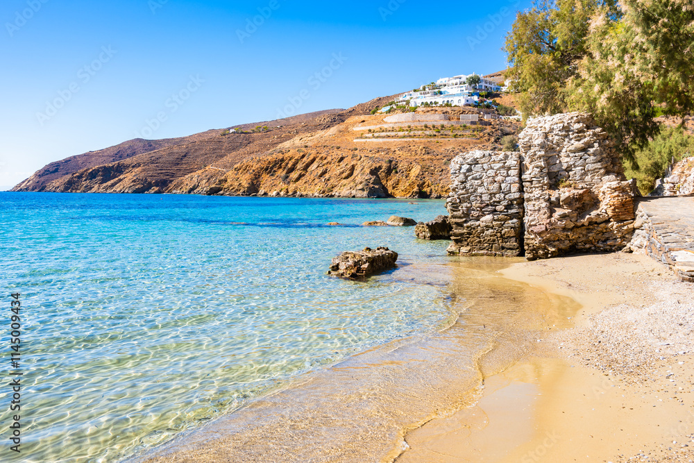 Beautiful sandy beach in Aigiali (Ormos Egialis) bay, Amorgos island, Cyclades, Greece
