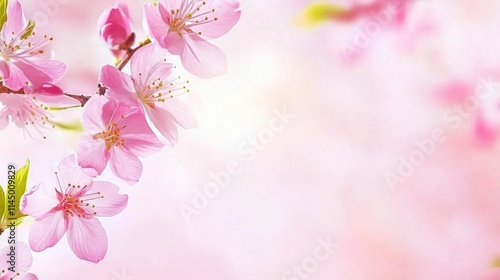 Spring border with pink blossom, blooming sakura tree and sun flare on blurred background with copy space. Happy Easter sunny day. 