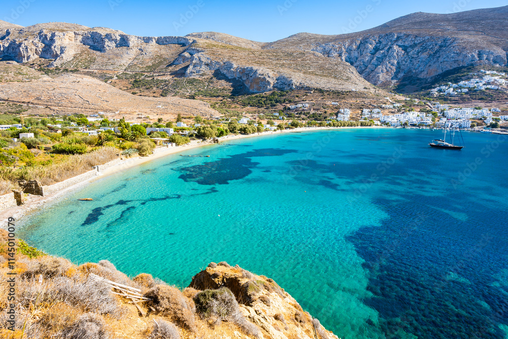 View of idyllic sandy beach in Aigiali bay (Ormos Egialis), Amorgos island, Cyclades, Greece
