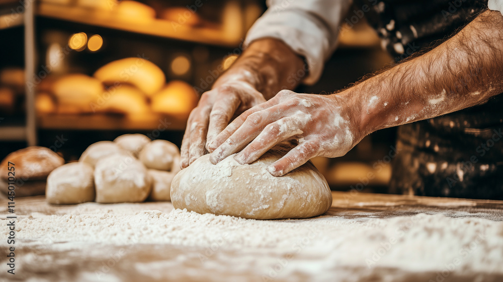 Close-up of a bakers hands kneading dough on a floured surface, surrounded by freshly baked bread in a cozy Artisan Bakery Close-up of a bakers hands kneading dough on a floured surface, surrounded by freshly baked bread in a cozy Artisan Bakery