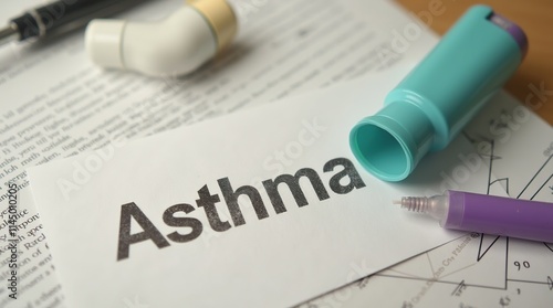 Asthma Inhaler and Medical Document on a Table photo