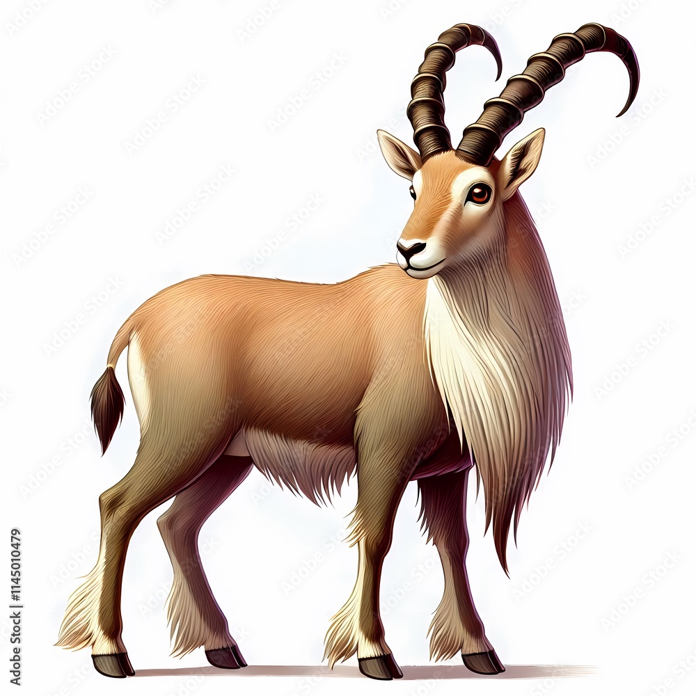 Illustration of a majestic wild goat with tall, curved horns on a white background. Illustration of a majestic wild goat with tall, curved horns on a white background.