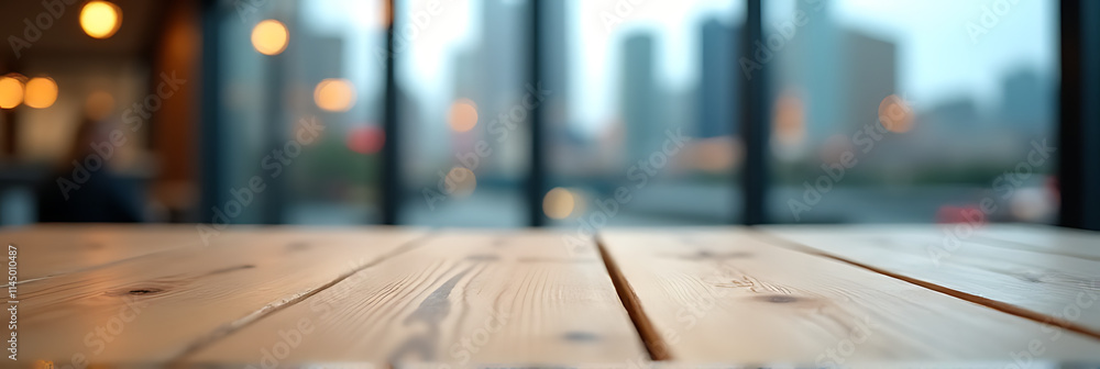 A wooden table top is in sharp focus with a blurred cityscape reflected in its window glass background._00001_ A wooden table top is in sharp focus with a blurred cityscape reflected in its window glass background._00001_