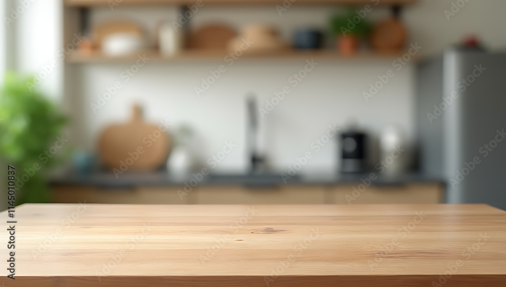 A wooden table sits atop a blurred kitchen background in an ordinary domestic setting._00003_ A wooden table sits atop a blurred kitchen background in an ordinary domestic setting._00003_