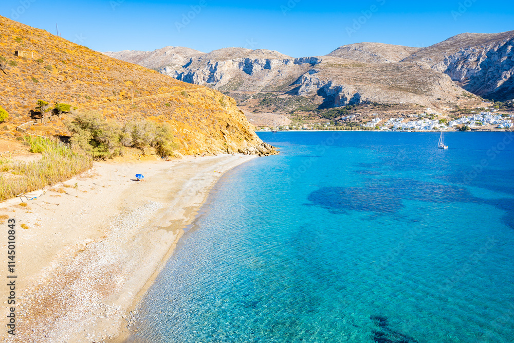 View of amazing sandy Hochlaka beach in Aigiali bay (Ormos Egialis), Amorgos island, Cyclades, Greece