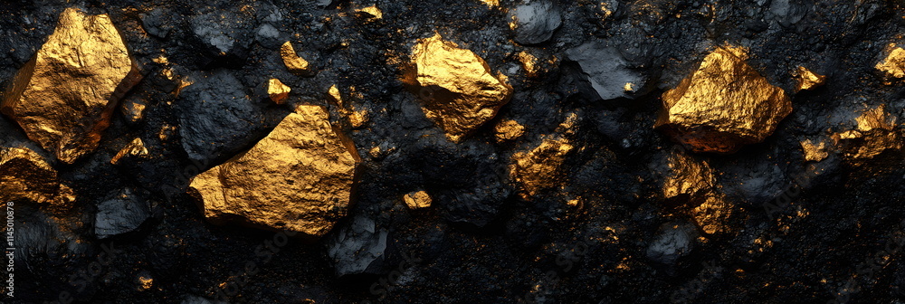 Gold nuggets and stones lying on black background, geological texture. Gold nuggets and stones lying on black background, geological texture.