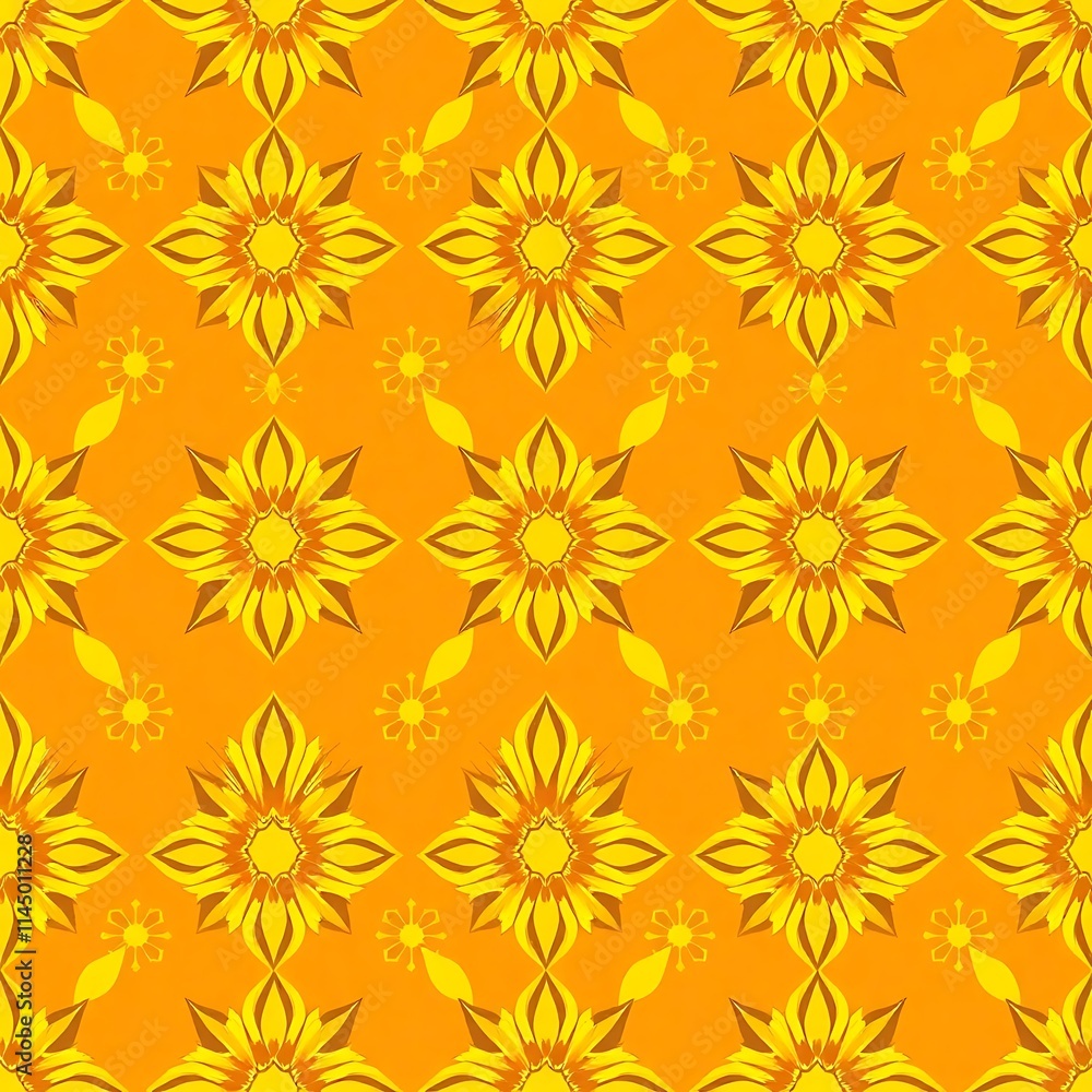 Golden Floral Pattern: A vibrant and captivating seamless pattern featuring intricate golden flower motifs on a warm orange background. Golden Floral Pattern: A vibrant and captivating seamless pattern featuring intricate golden flower motifs on a warm orange background.
