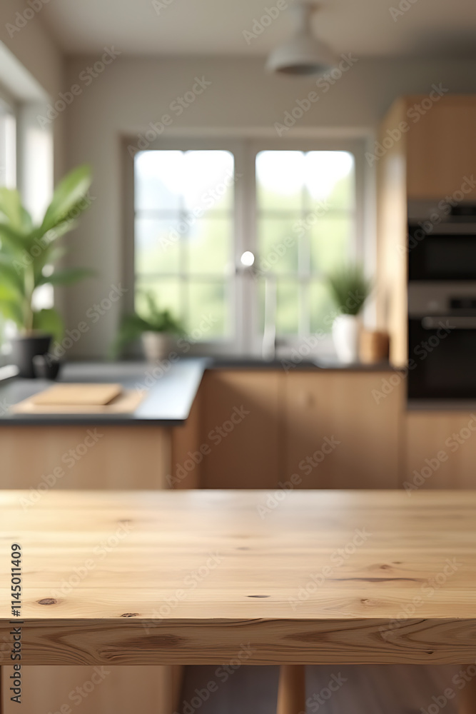 A wooden table and counter island are featured in a blurry kitchen room setting for product display or design visualization purposes._00002_ A wooden table and counter island are featured in a blurry kitchen room setting for product display or design visualization purposes._00002_