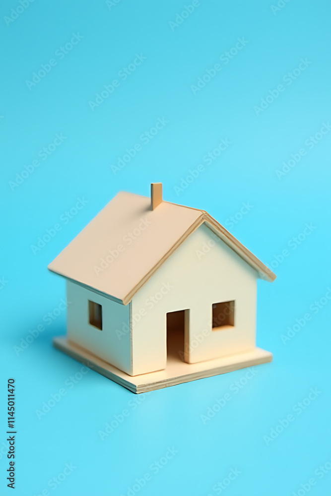 A wooden house model sits on a blue background, commonly used for illustrating real estate and home design concepts._00001_ A wooden house model sits on a blue background, commonly used for illustrating real estate and home design concepts._00001_