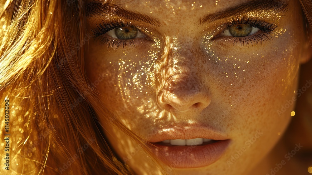 A close-up portrait of a person with freckles and glowing skin, illuminated by soft light. A close-up portrait of a person with freckles and glowing skin, illuminated by soft light.