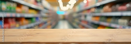 A wood table top with blurred supermarket products in the background conveys a sense of commerce and domesticity in one image._00003_
