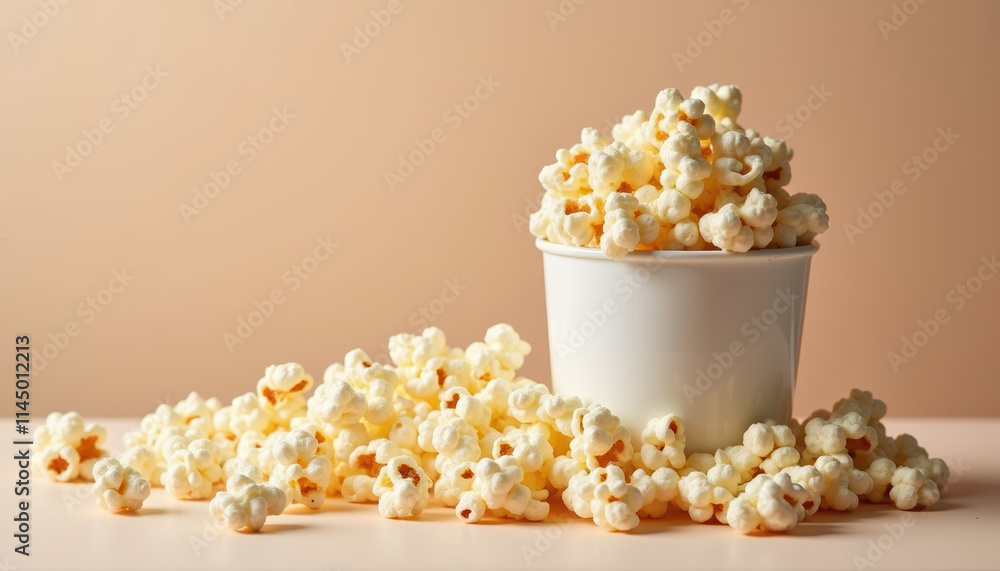 Soft beige background with a joyful popcorn display, promoting a fun and inviting celebration of National Popcorn Day full of cheerful moments. Soft beige background with a joyful popcorn display, promoting a fun and inviting celebration of National Popcorn Day full of cheerful moments.